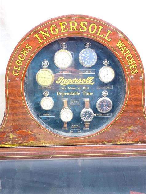 Lot - Vintage Ingersoll Pocket Watch Glass and Wood Display Case Containing 8 Pocket Watches ...