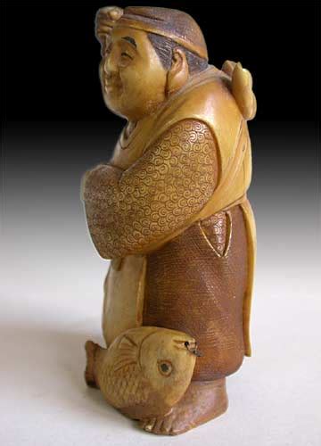 Antique Japanese Carved Ebisu God of Luck Okimono