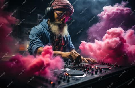 Premium AI Image | dj man performing a mix at the venue lighting up smoke