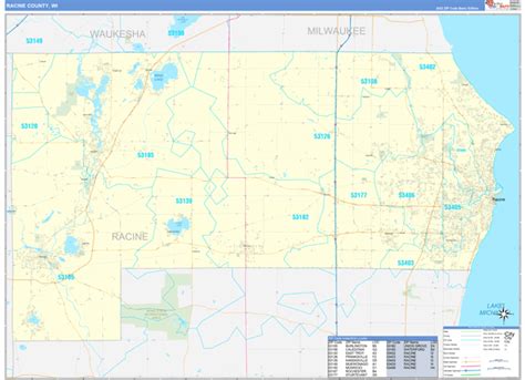 Racine County, WI Zip Code Wall Map Basic Style by MarketMAPS - MapSales