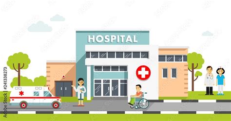 Medical concept with hospital building and doctor in flat style. Panoramic background with ...