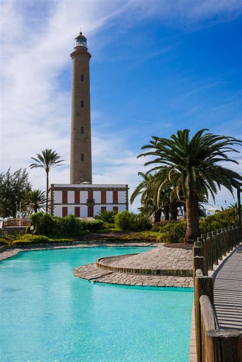 Maspalomas Lighthouse & Palm Trees Stock Photo - Image of canaria ...