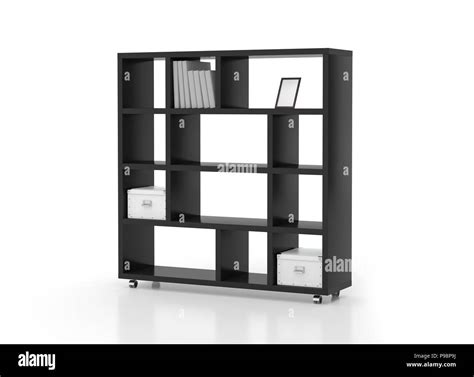 Black bookcase shelves on wheels isolated on white background. Include clipping path. 3d render ...