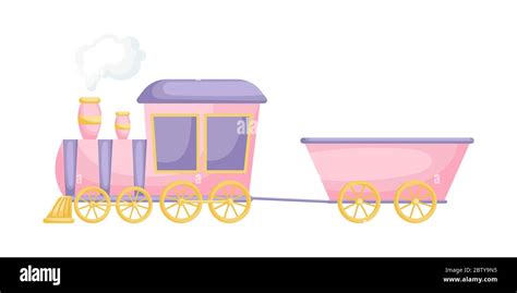 Pink-purple cartoon train for children isolated on white background, colorful train in flat ...