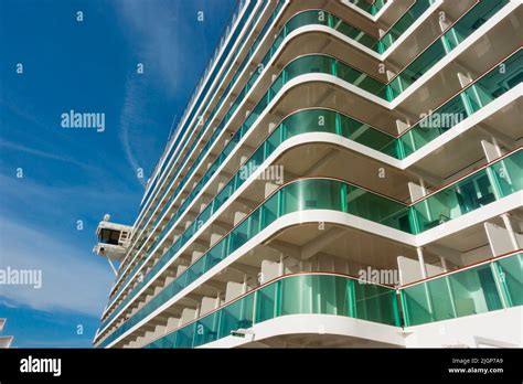 Balcony cabins on P & O MS Iona cruise ship. Green glass and white ...