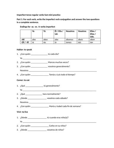 Imperfect tense regular verbs fast mini practice | Teaching Resources