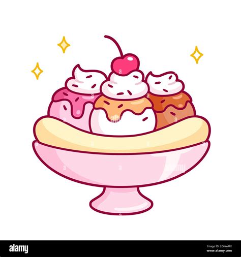 Cute cartoon banana split drawing. Frozen dessert with ice cream, syrup ...