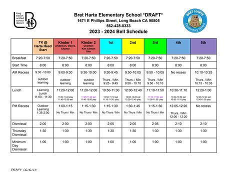 Bell Schedule - Bret Harte Elementary School