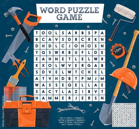 DIY tools on word search puzzle quiz game worksheet. Kids quiz grid ...