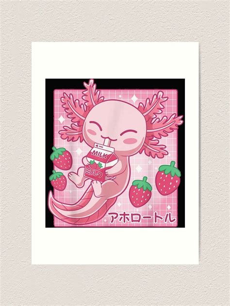 "Pink Axolotl Drinking Strawberry Milk, Salamander Drinking pink milkshake, kawaii Axolotl ...