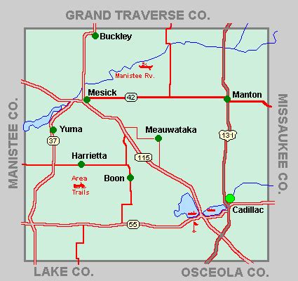 Wexford County Map Tour lakes snowmobile ATV rivers hiking hotels motels Michigan Interactive™