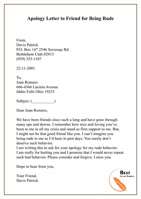 Apology Letter Template to a Friend – Sample Example | Apology letter ...