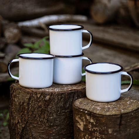 Enamel Coffee Mug With Lid - Large 5" White w/ Black Enamel Mug / Cup & Lid, Vintage ...