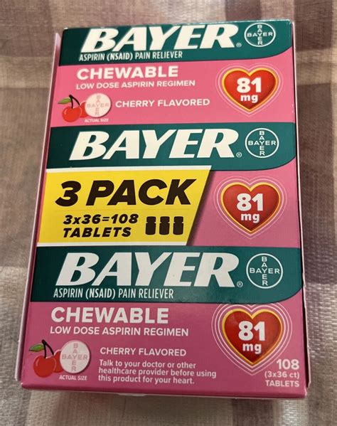 Bayer Chewable 'Baby' Aspirin 81mg Low Dose CHERRY 36 Tablets ( 3 pack ...