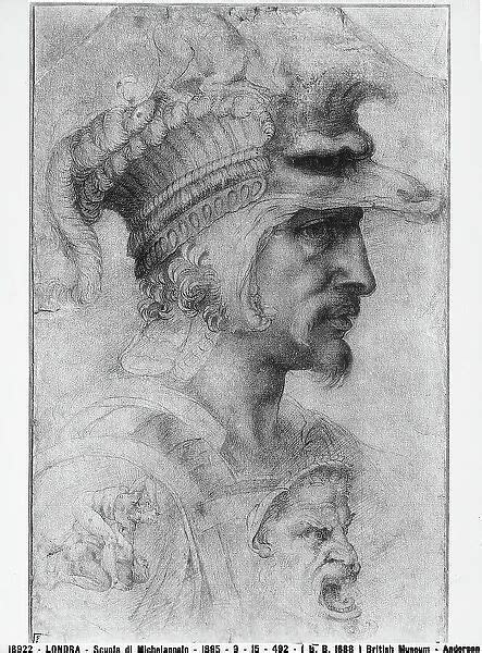 Head of a warrior. Drawing by the School Michelangelo