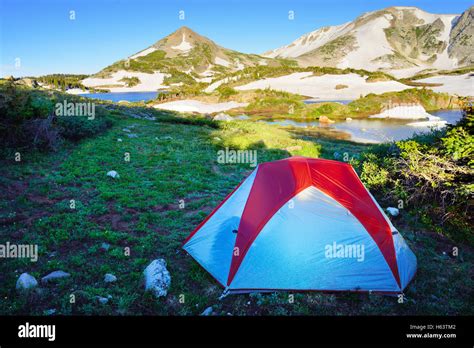 Camping with a tent in Snowy Range Mountains near the lake in Medicine ...