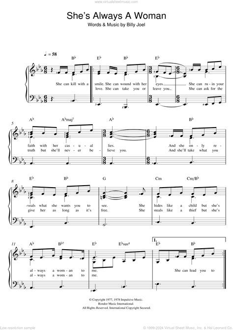 She's Always A Woman sheet music (easy) for piano solo (PDF)