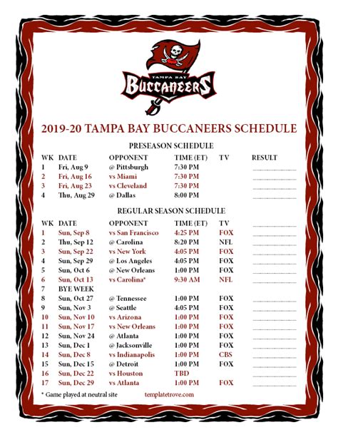 Tampa Bay Buccaneers Printable Schedule - Printable Blank World