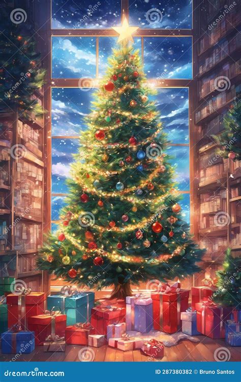 Anime Style: Christmas Tree Decorated with Blinkers with Gift Boxes ...