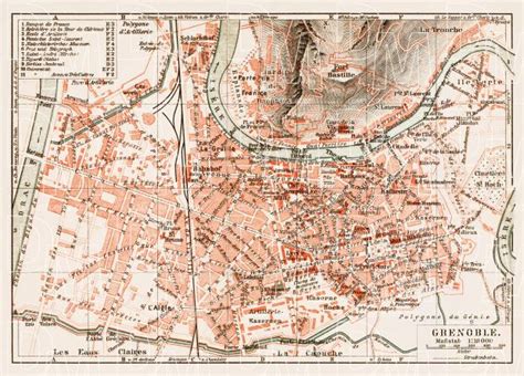 Old map of Grenoble in 1913. Buy vintage map replica poster print or download picture