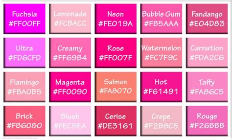 Shades of Pink & Names with HEX, RGB Color Codes