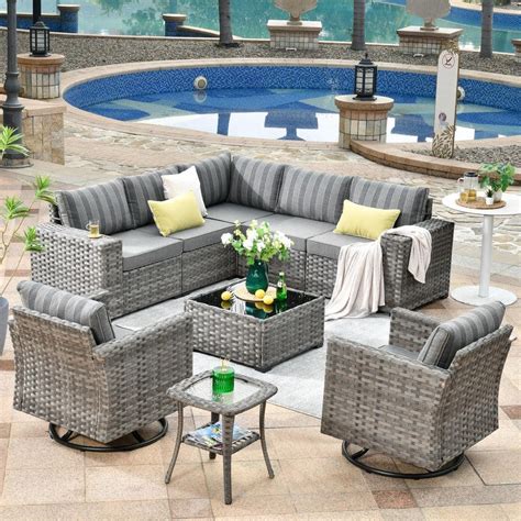 OVIOS Marvel Gray 9-Piece Wicker Wide Arm Patio Conversation Set with Striped Gray Cushions and ...