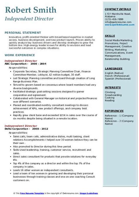 Independent Director Resume Samples | QwikResume