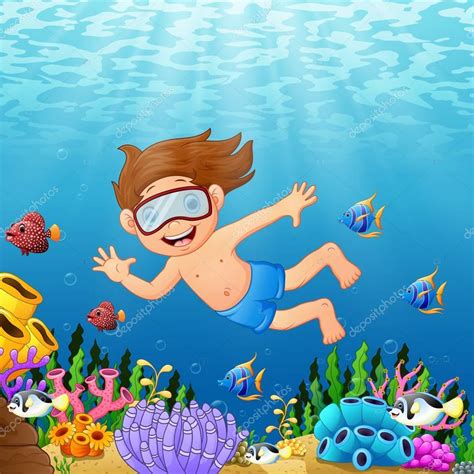 Cartoon boy swimming in the sea with fish — Stock Vector © dualoro #154942254