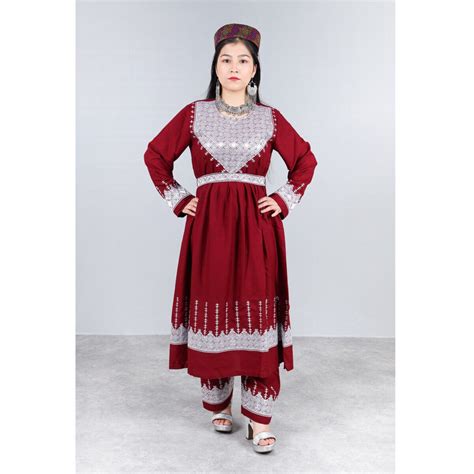 Buy Maroon Red Hazaragi Embroidered Dress | Shaal Shari Dress With Jewelry & Hat - Aseel