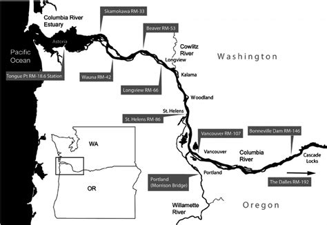 Location map for tide stations in the lower Columbia River, with official river-mile ...