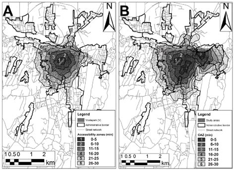 Isochrone map of the V study area (A) and the CAZ of the study areas (B ...