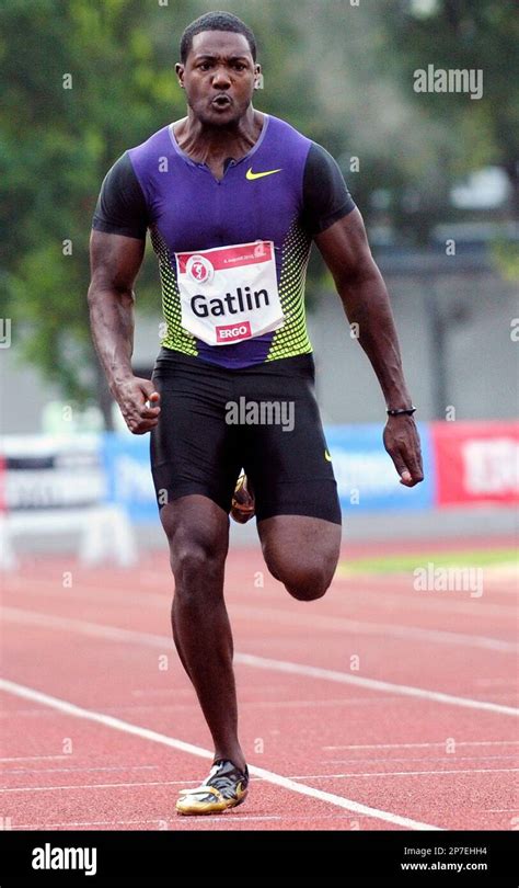 Former Olympic champion Justin Gatlin finishing the men's 100 meter ...