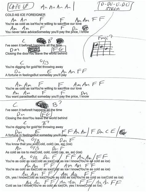 Cold As Ice (Foreigner) Guitar Chord Chart - Capo 6th - Simplified | Ukulele chords songs ...