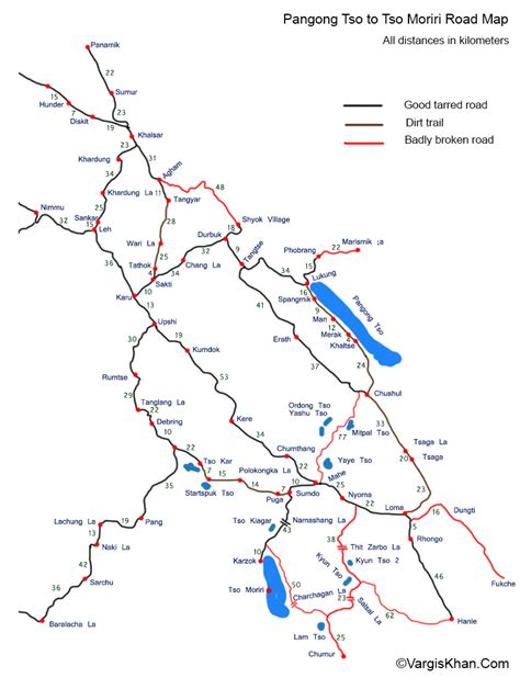 Pangong Tso to Tso Moriri Road Map With Distances - Vargis Khan