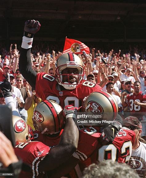 San Francisco 49ers Jerry Rice with team victorious after scoring ...