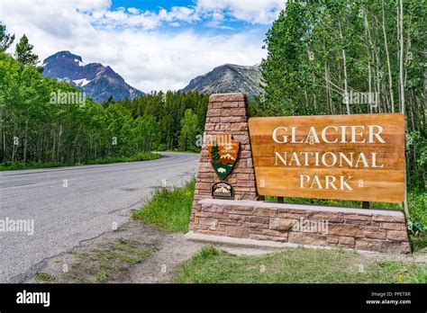 BABB, MT - JUNE 26, 2018: Welcome sign at the entrance to Glacier National Park, Montana Stock ...