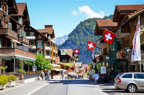 Lauterbrunnen, Switzerland - July 16, 2019: Main Street in Beautiful Alpine Village ...