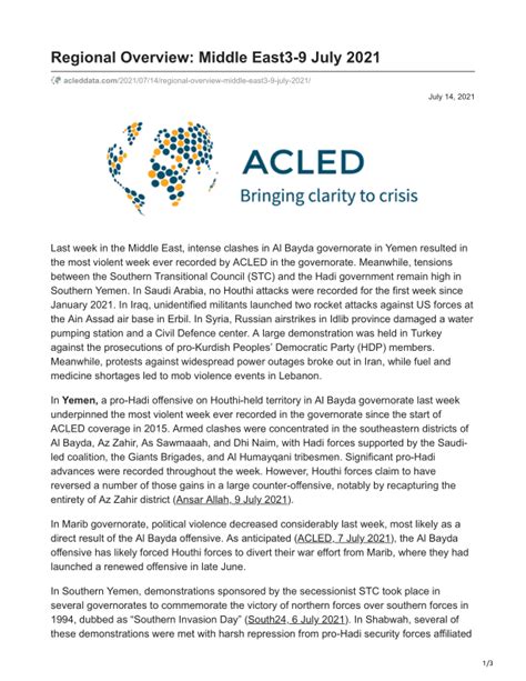 ACLED Regional Overview – Middle East (3-9 July 2021) - Yemen | ReliefWeb