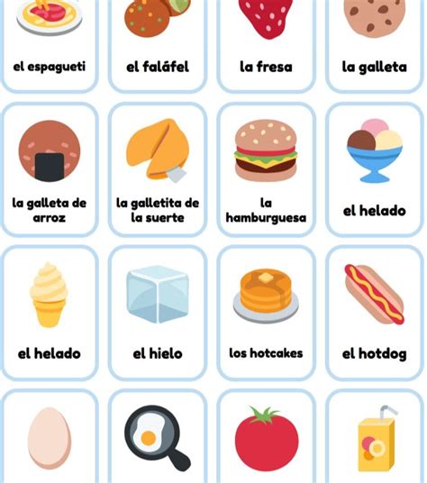 Free Spanish Food Printable Flashcards - made from emoji. Graphics are Twemoji (CC BY 4.0) Food ...