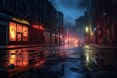 Premium AI Image | Desolate city street at night neon reflections on wet asphalt foggy air and ...