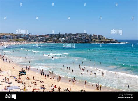 Bondi beach Sydney Australia, crowded bondi beach in summer 2023, beachgoers sunbathe and swim ...