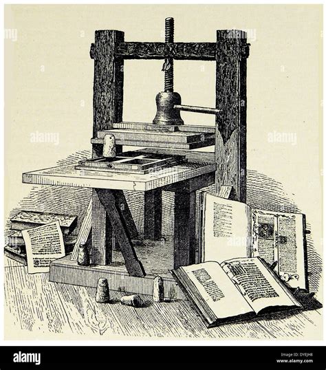 Johann Gutenberg's (1400-1468) first printing press. Engraving published Mainz 1856 Stock Photo ...