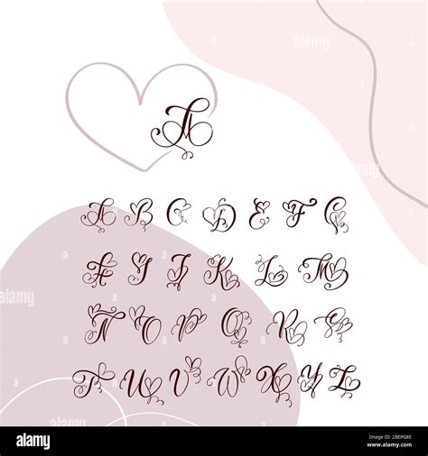 Handwritten heart calligraphy monogram alphabet. Valentine Cursive font with flourishes heart ...