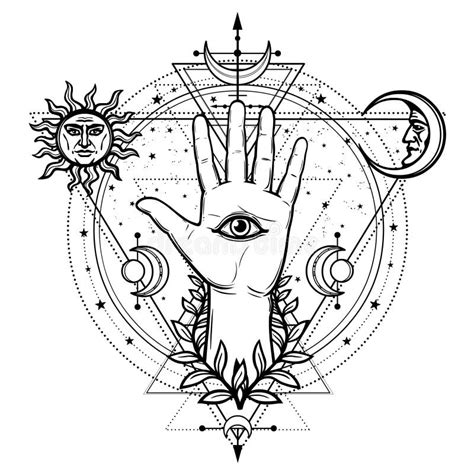 Mystical Drawing: Divine Hand, All-seeing Eye, Circle of a Phase of the ...