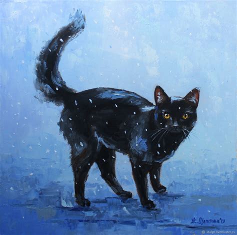 Oil painting " Black cat on a winter walk" – купить на Ярмарке Мастеров ...