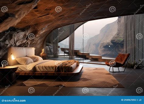 Wooden Bed in the Cave with a View of Waterfall. Interior of a Hotel ...