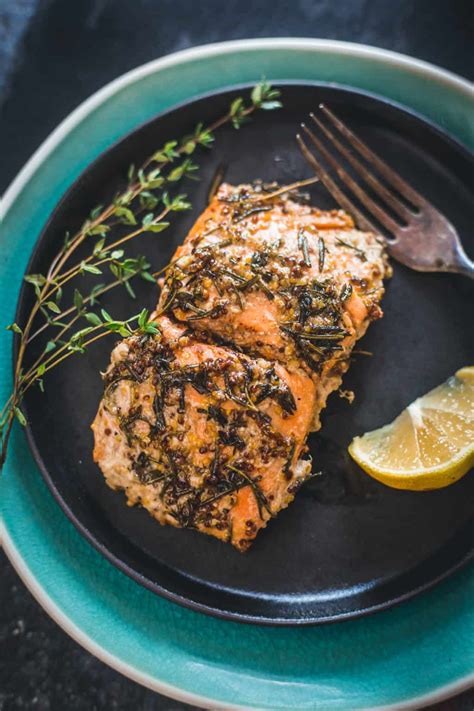 Cast-iron pan-fried sockeye salmon with mustard, honey and wild herbs : At the Immigrant's Table