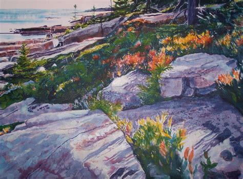 a painting of rocks and flowers on the shore with water in the distance behind them