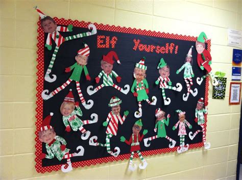 a bulletin board with elfs on it in a classroom setting for the holiday season