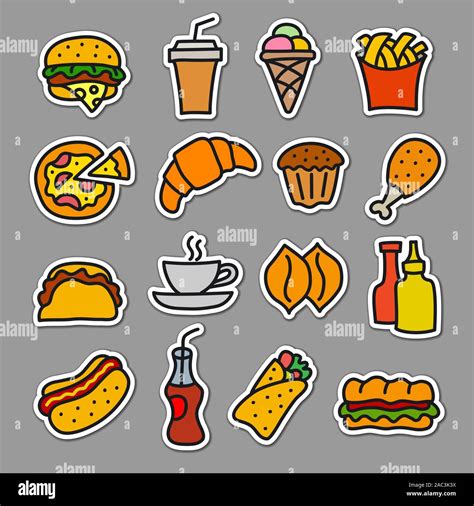 illustration of set fast food stickers drawings and sketches Stock Vector Image & Art - Alamy
